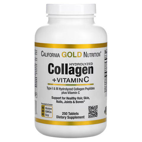 CGN Hydrolyzed Collagen Peptides + Vitamin C, Type I & III, 250 Tablets